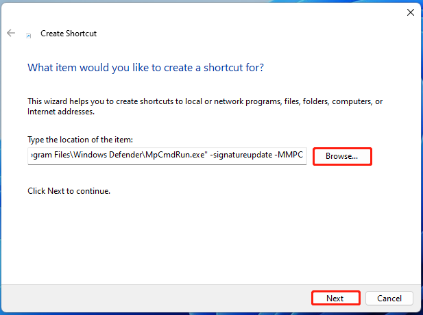 type the location of the shortcut