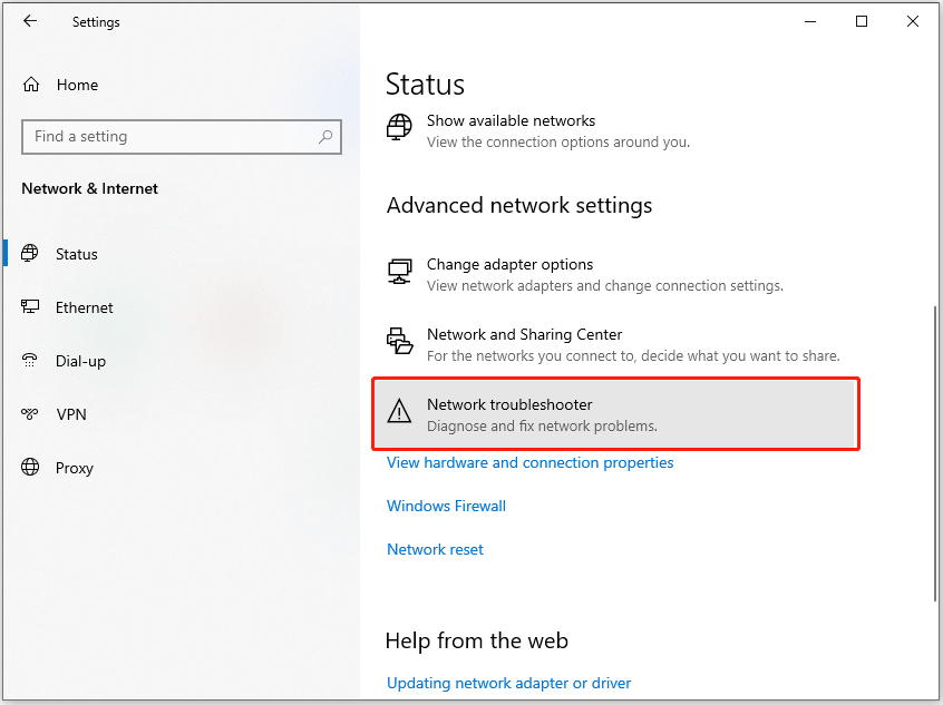 click Network troubleshooter