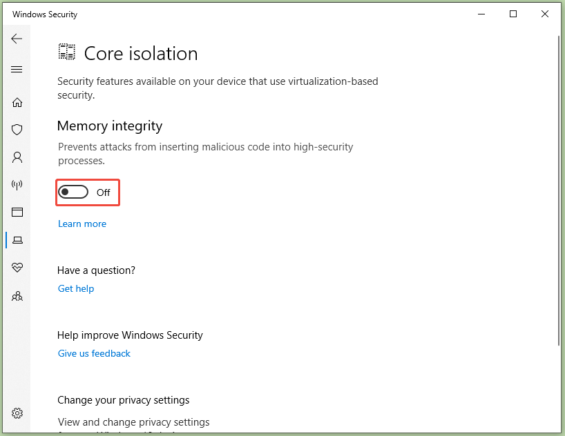 turn off Memory integrity