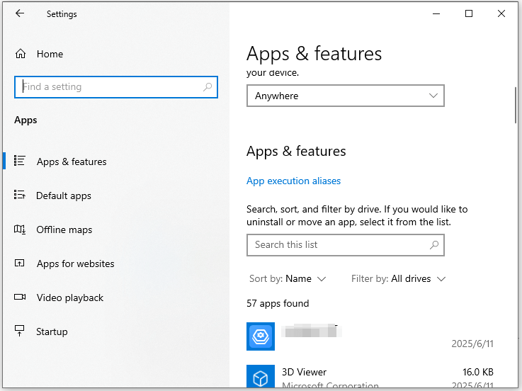 navigate to Apps and features