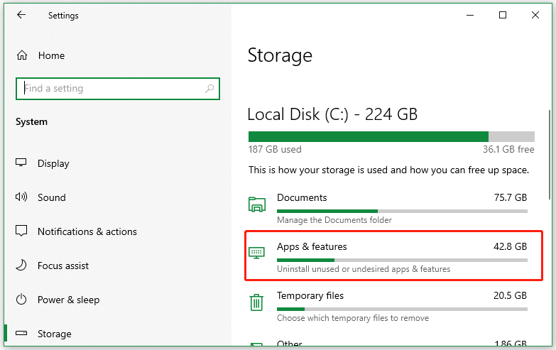 check apps and features storage usage in Settings