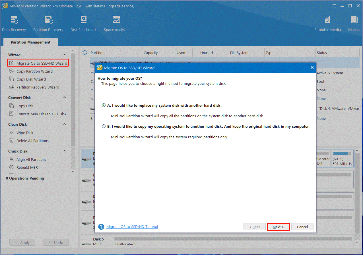 click Migrate Windows OS to SSD in Partition Magic