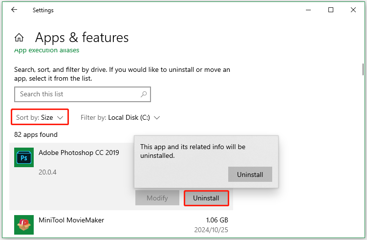 uninstall large-size app in Settings