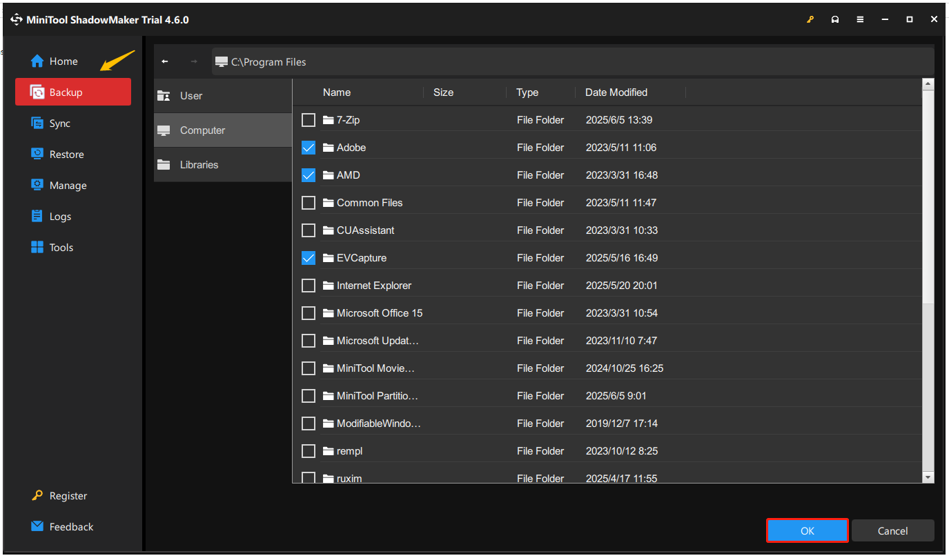 select target folder in MiniTool ShadowMaker
