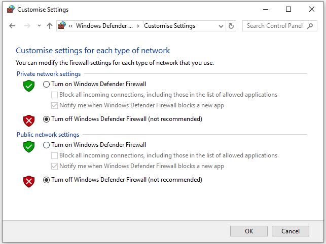 disable Windows Firewall temporarily