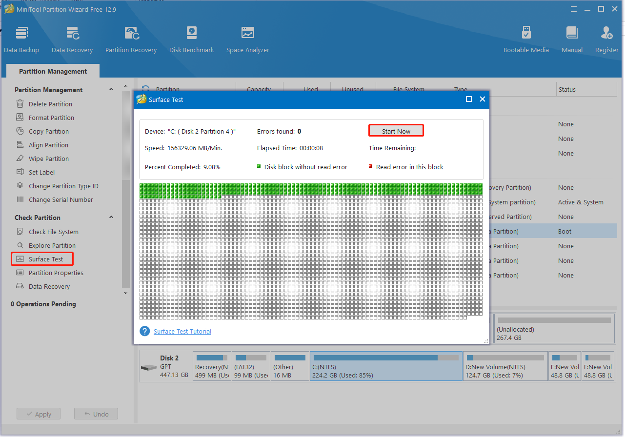 run surface test using Partition Magic