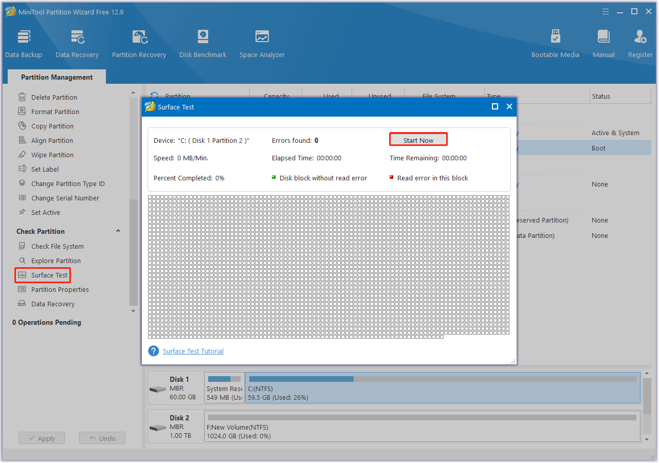 Perform Surface Test in MiniTool Partition Wizard
