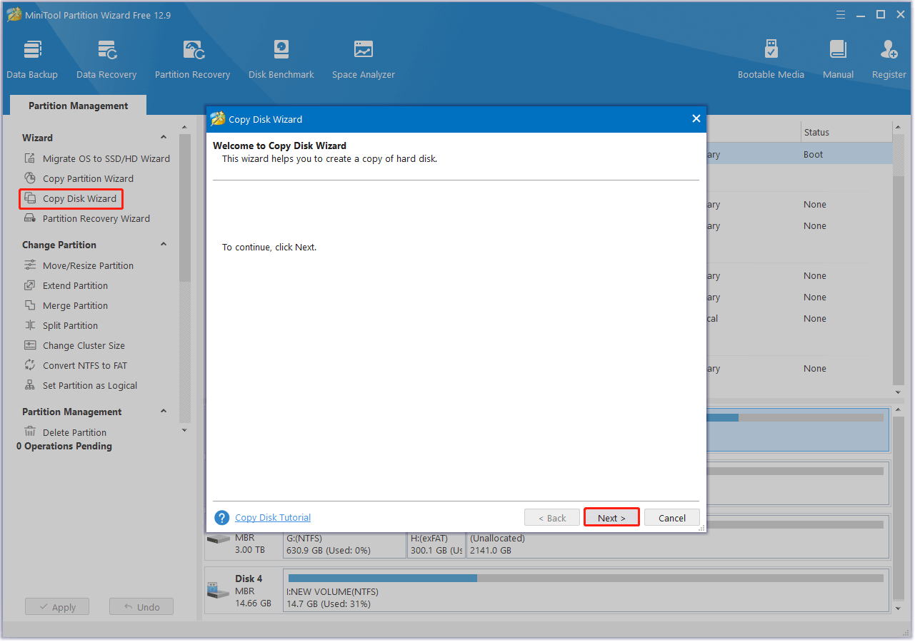select Copy Disk Wizard and click Next