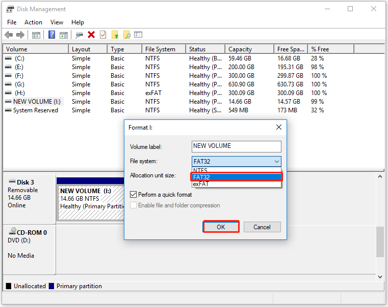 select FAT32 and OK in Disk Management