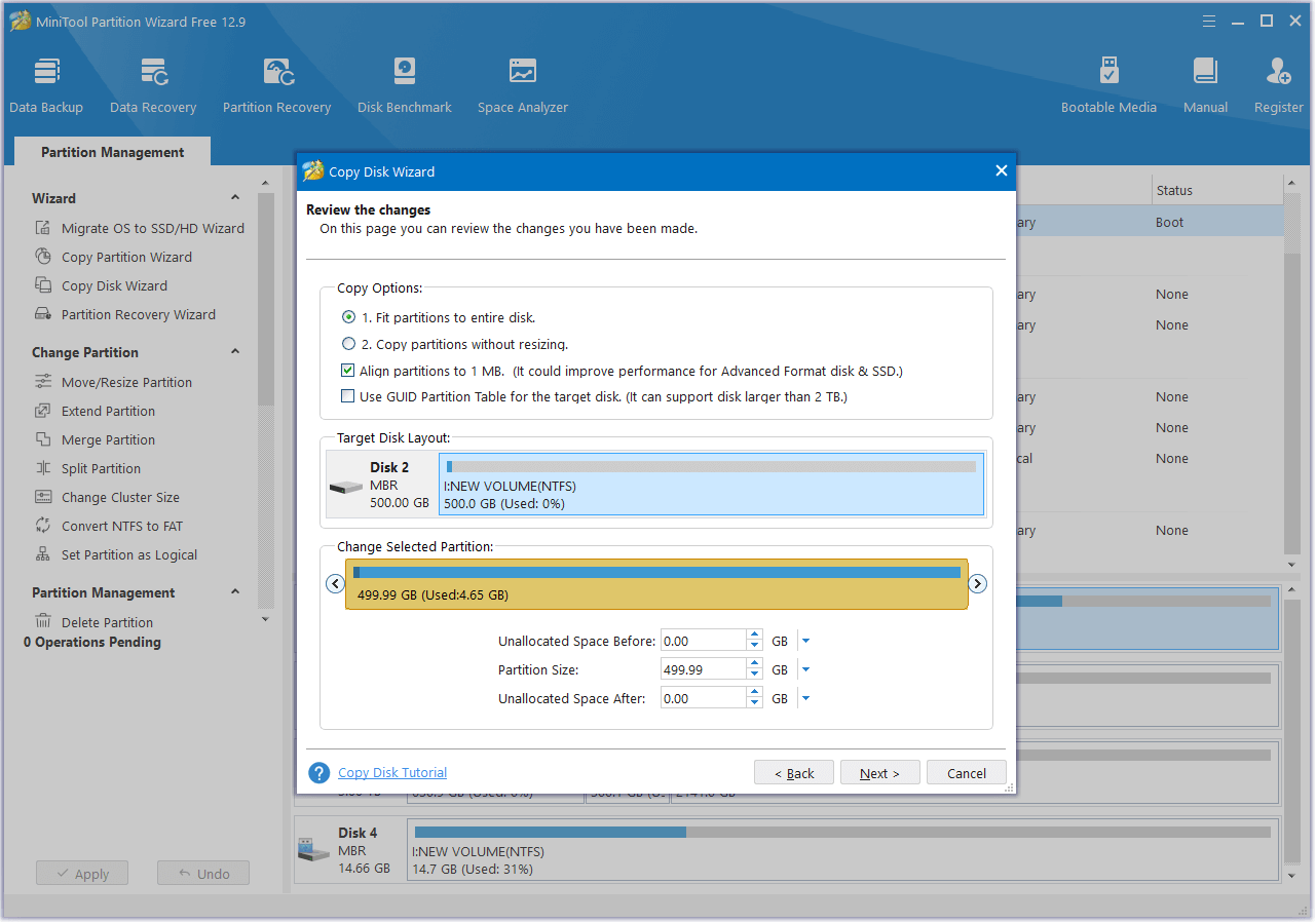 set Copy Options and adjust disk layout