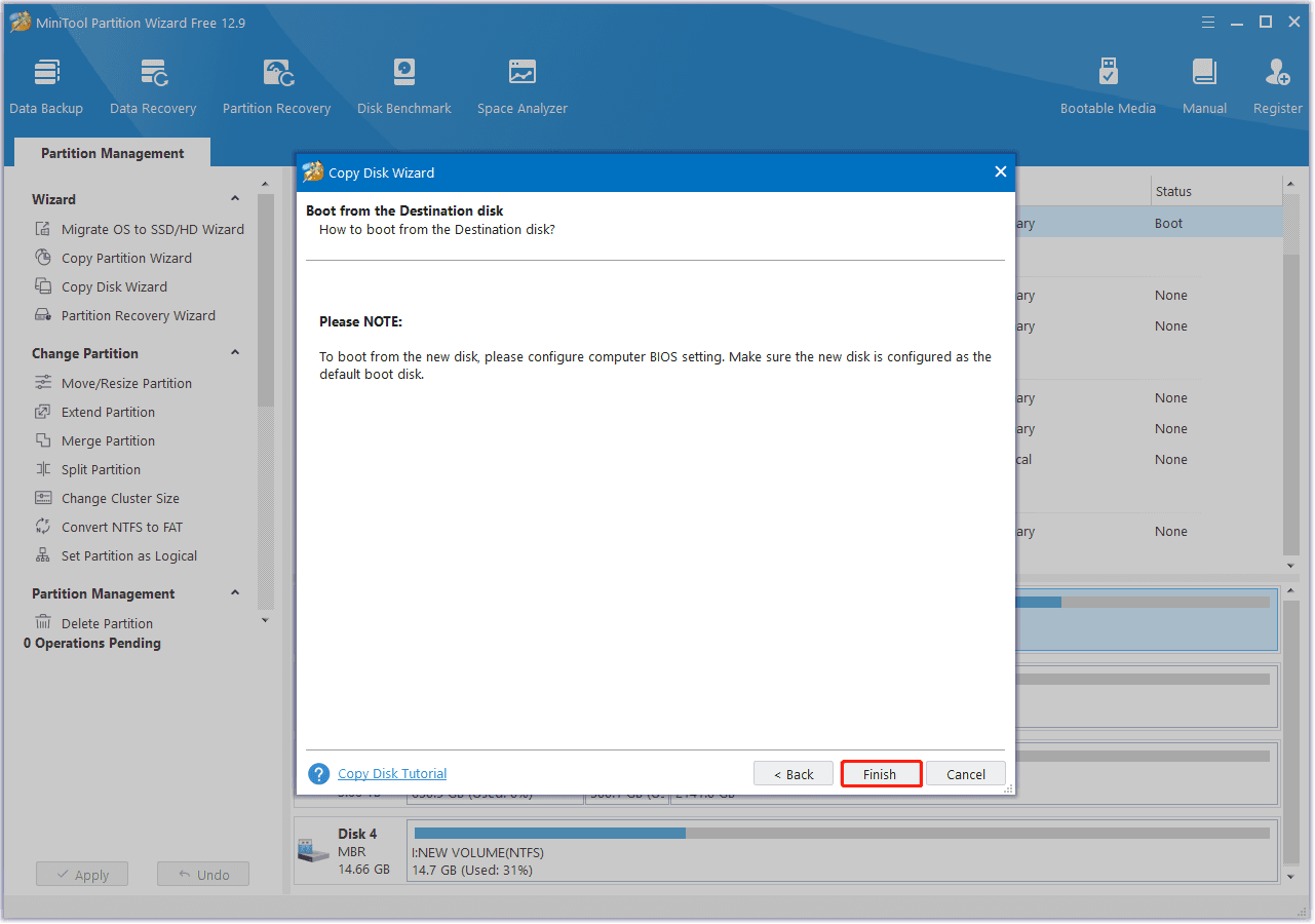 click Finish in MiniTool Partition Wizard