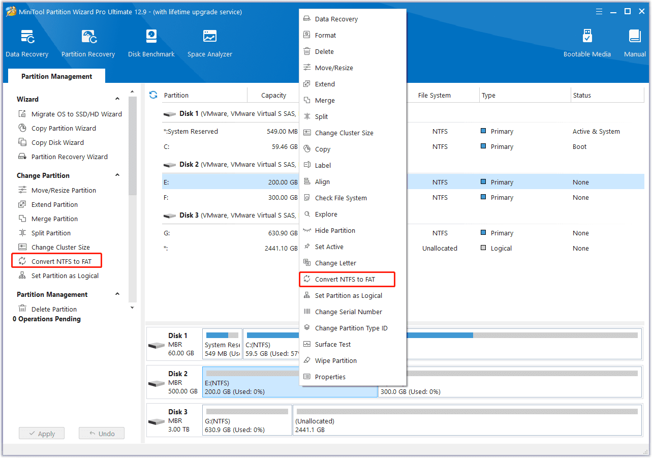 click Convert NTFS to FAT in MiniTool Partition Wizard