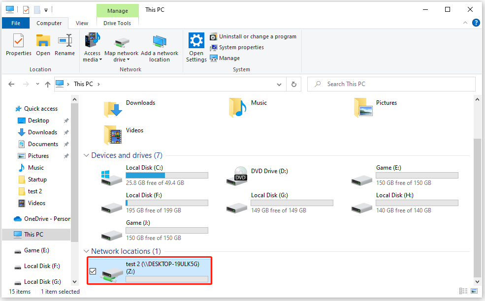 view the created virtual drive under Network location