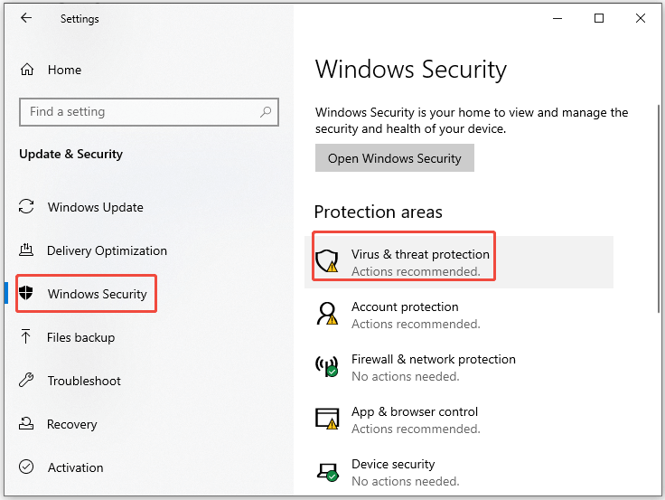 go to Virus and threat protection