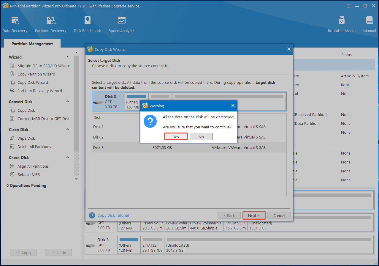 choose the destination disk in Partition Magic