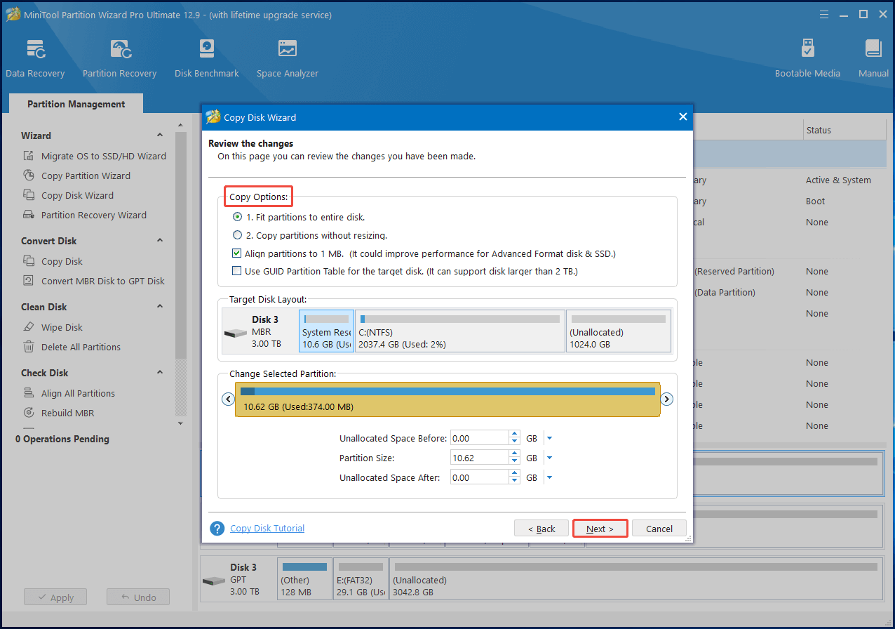 pick copy options and click Next in Partition Magic
