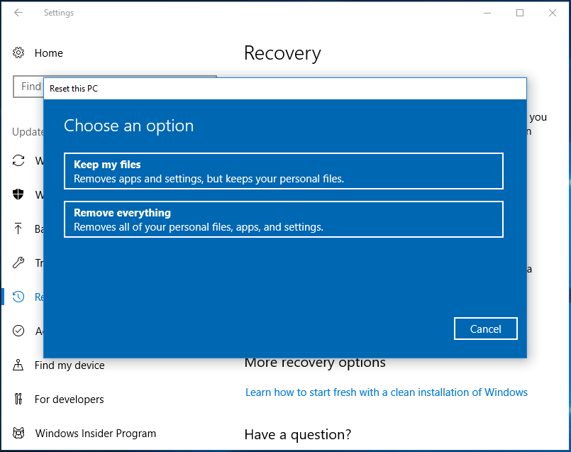 choose an option to reset the computer