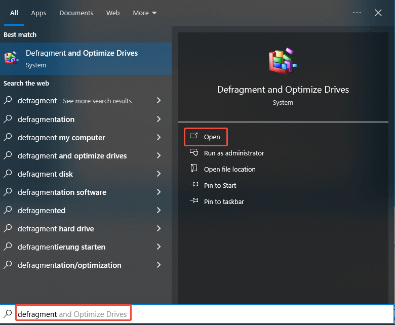 open Disk Defragmenter from the search box