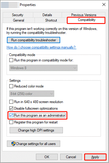 tick the Run this program as administrator box