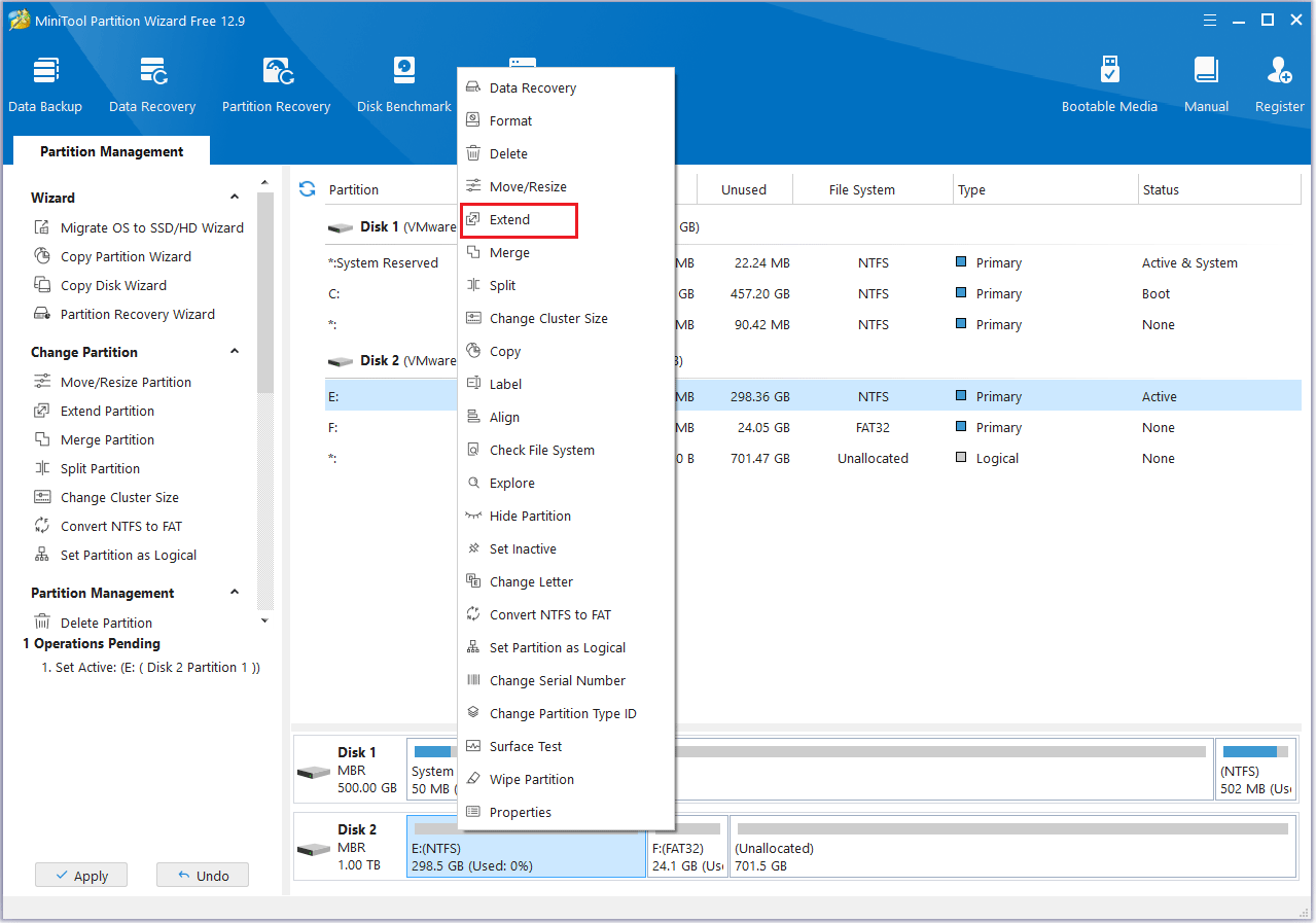 click Extend Partition in MiniTool Partition Wizard