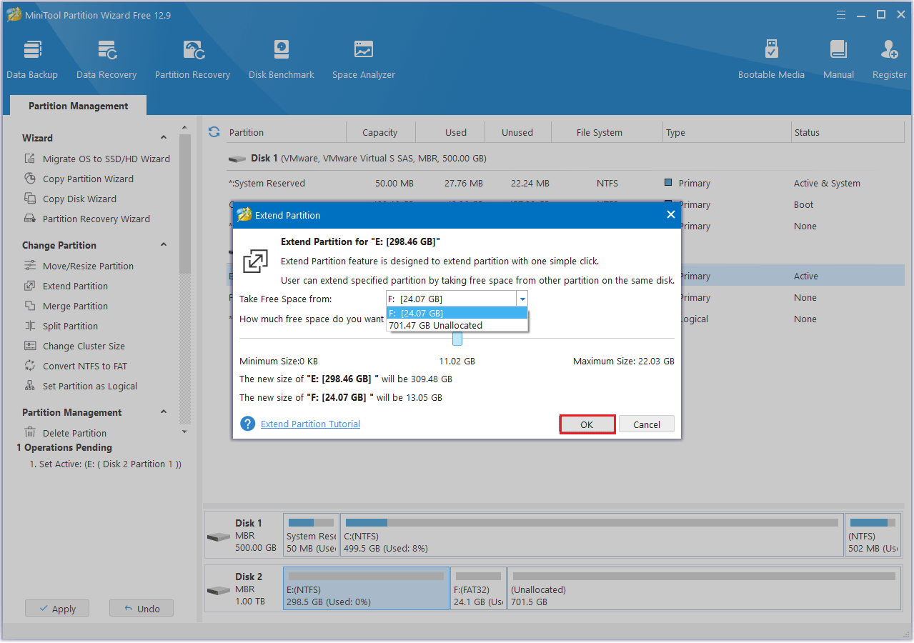 choose one space to extend the partition in MiniTool Partition Wizard