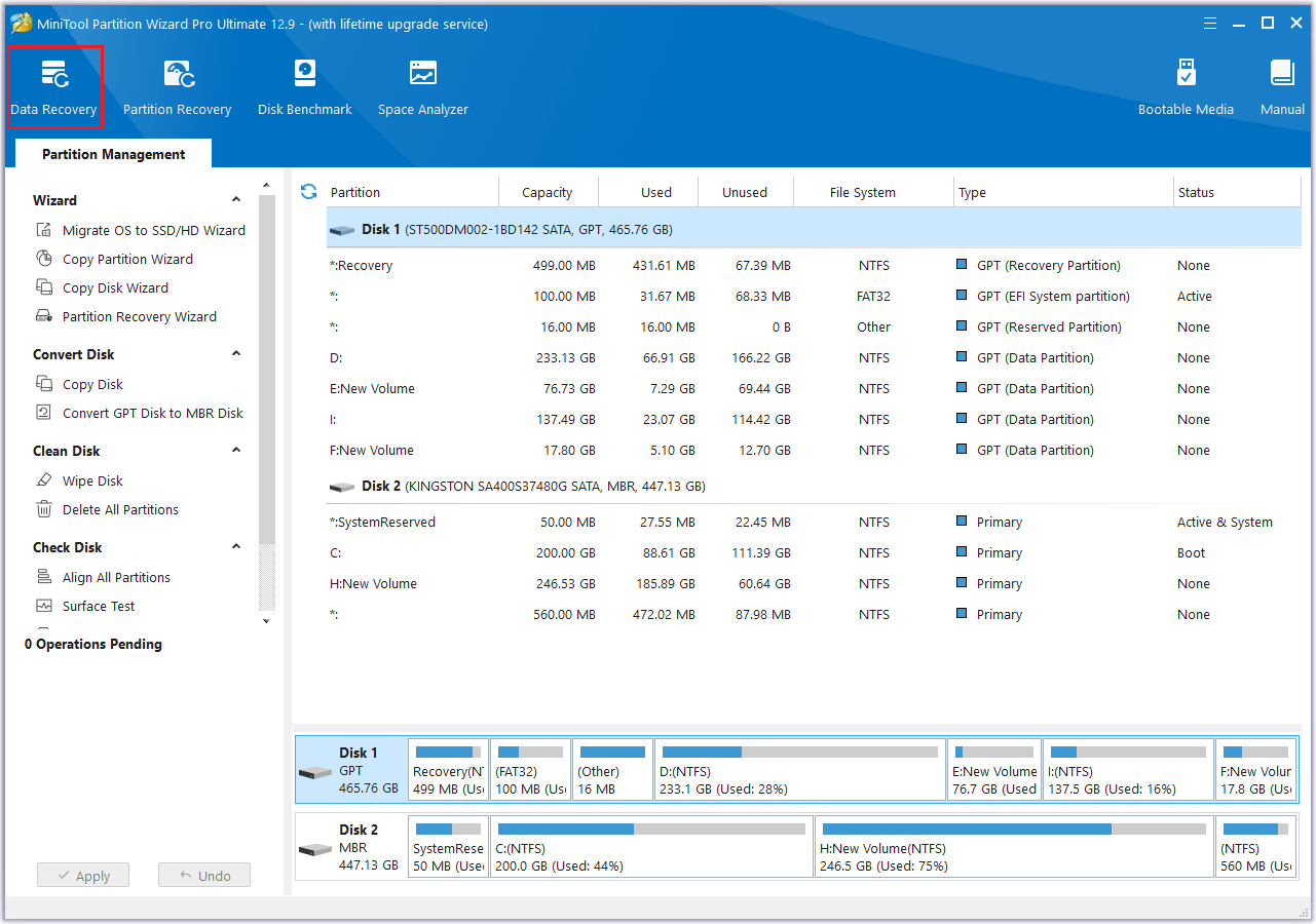click Data Recovery in MiniTool Partition Wizard