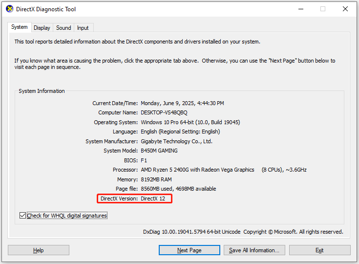 check the DirectX version