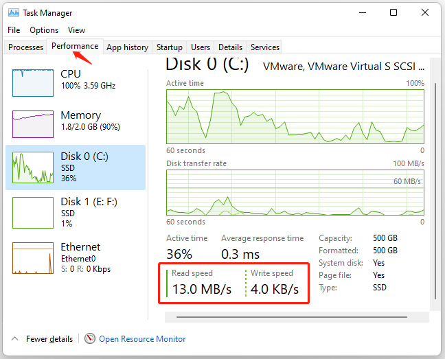 check disk performance in Task Manager