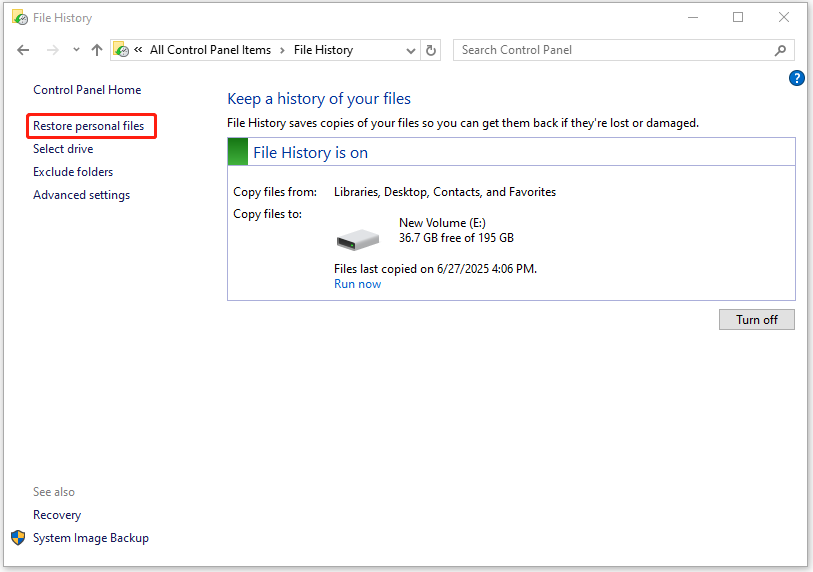 select Restore personal files