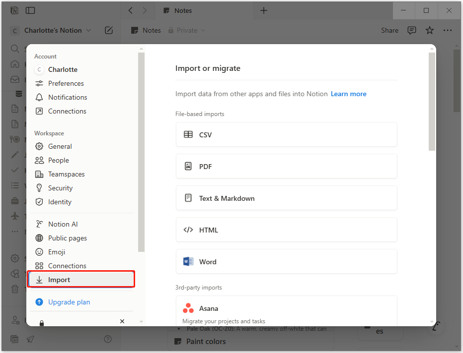 import the recovered backup Notion file to Notion