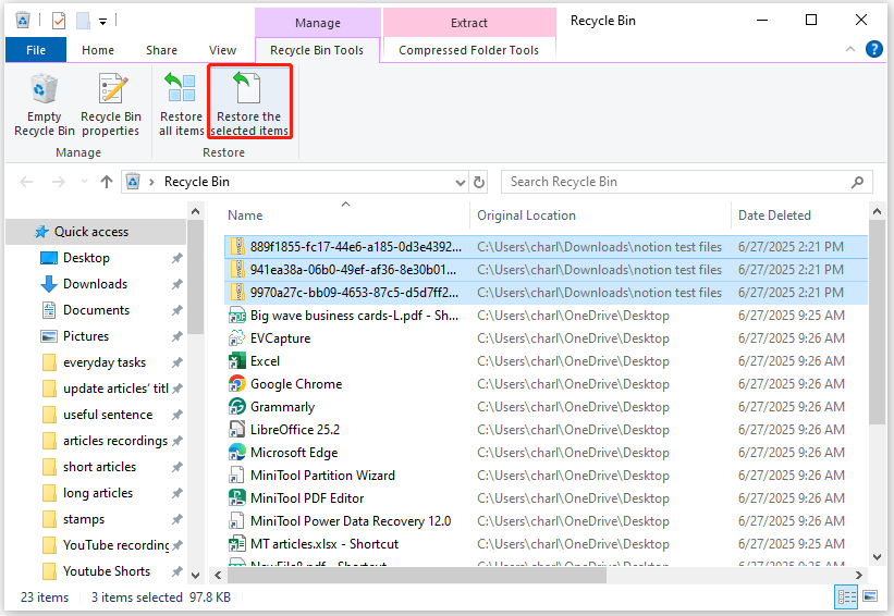 recover Notion files from Recycle Bin