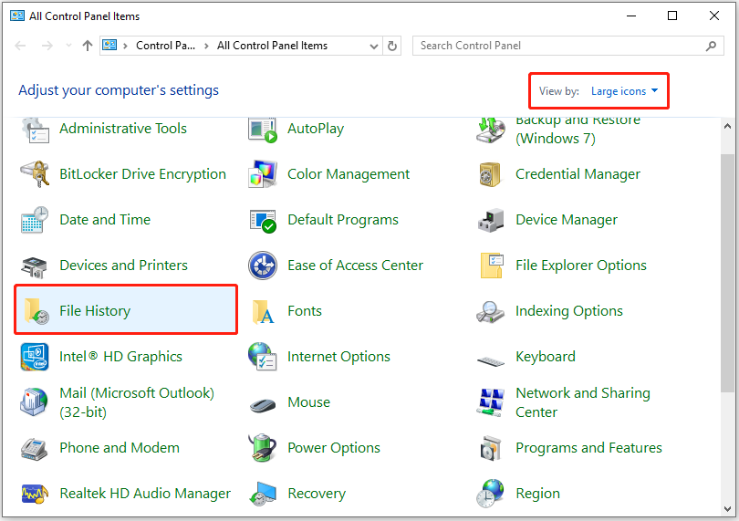 select File History in Control Panel