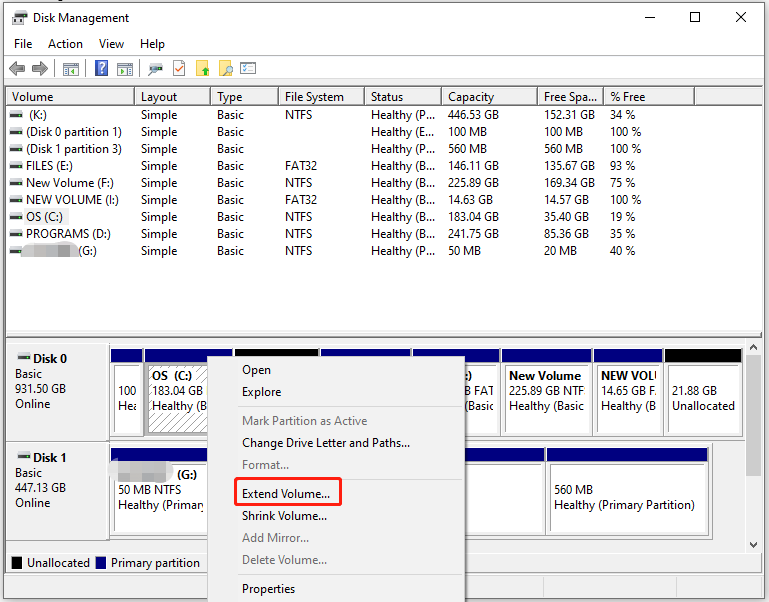 right-click the C drive and choose Extend Volume
