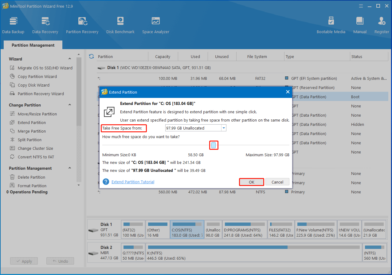 take free space from other partitions with Partition Magic