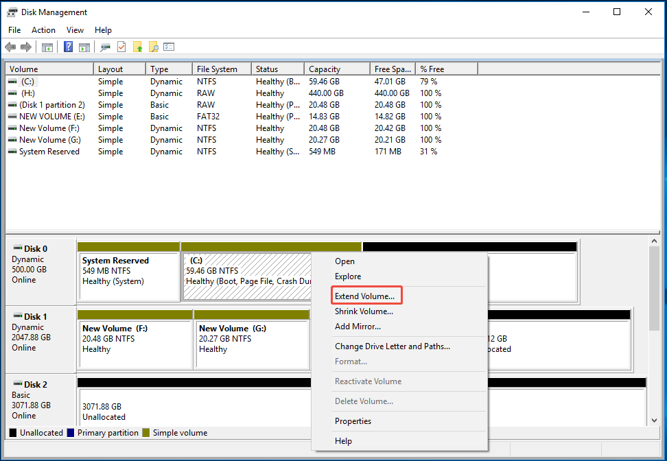 right-click the C drive and select Extend Volume