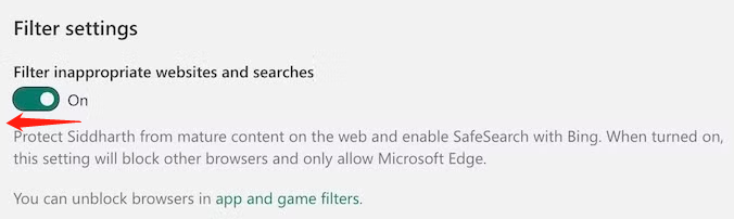 disable Filter Inappropriate websites and searches