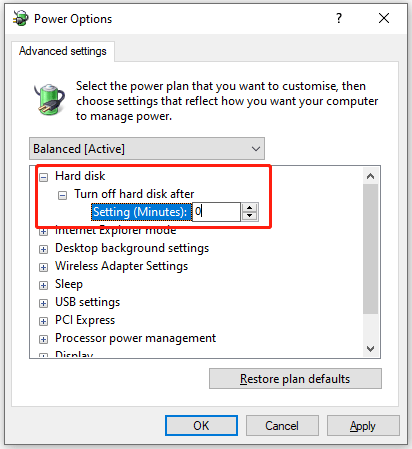 set hard disk sleep time to 0