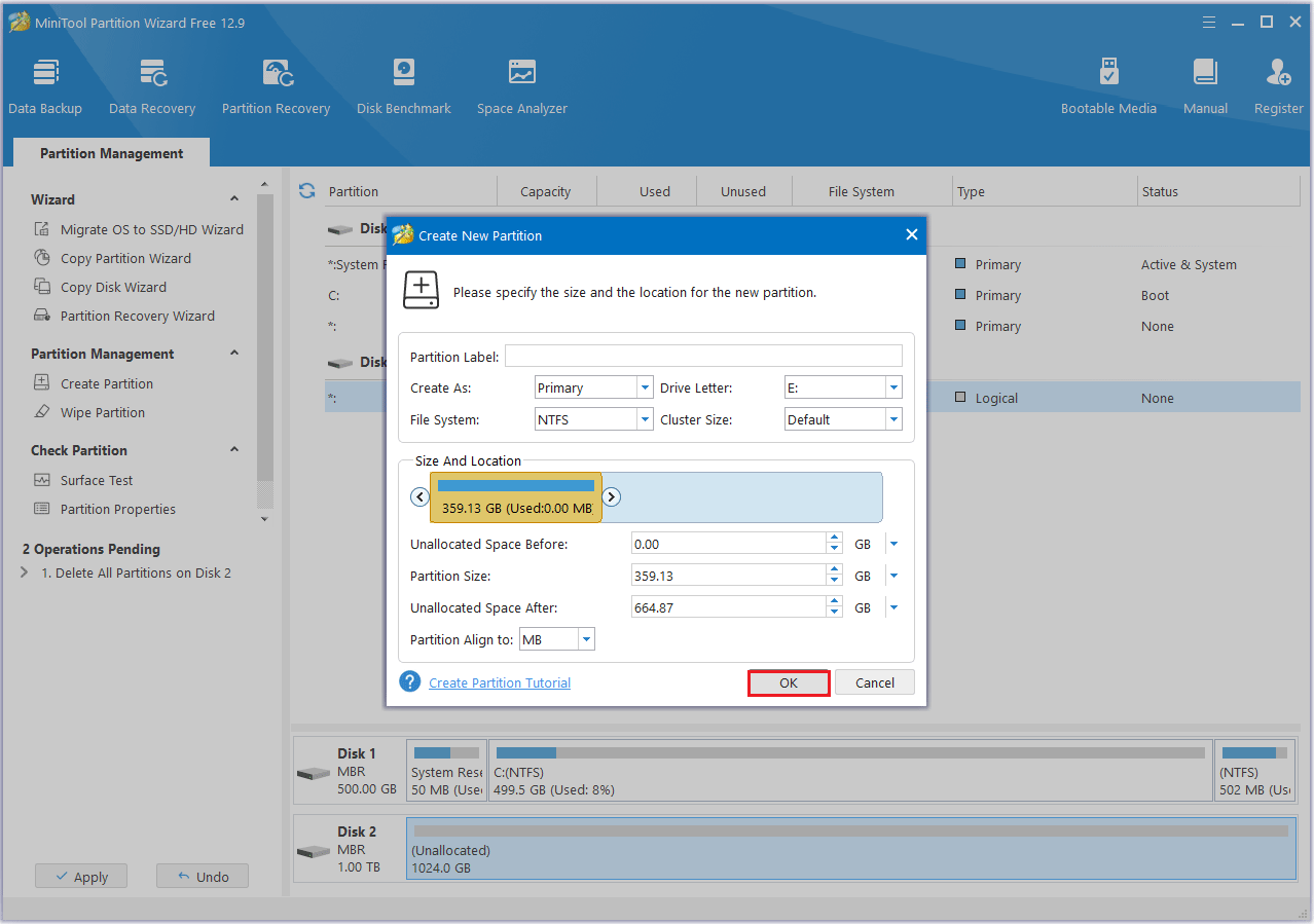 click OK in MiniTool Partition Wizard