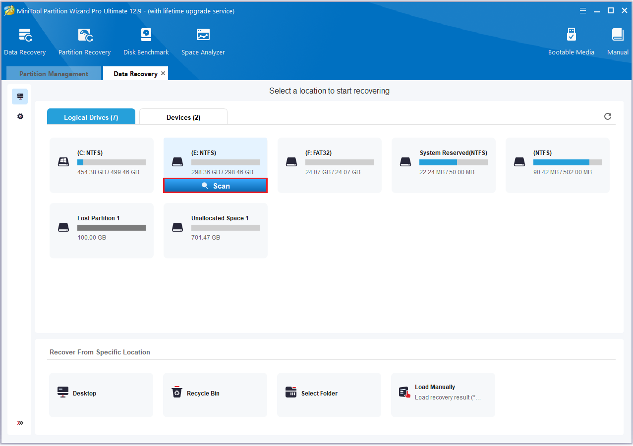 click Scan to scan the files in MiniTool Partition Wizard