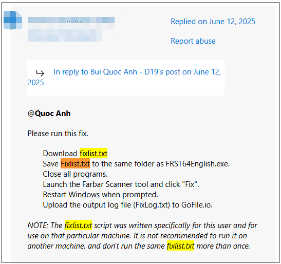 a user report from Microsoft