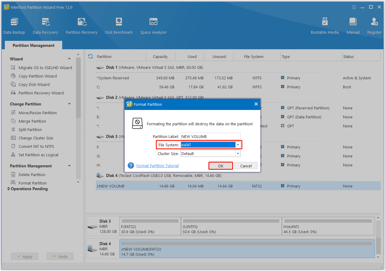 choose FAT32 file system for Roku SD card in MiniTool Partition Wizard