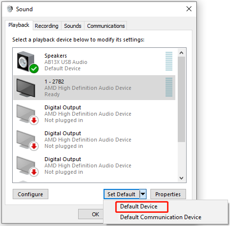 set the device as default