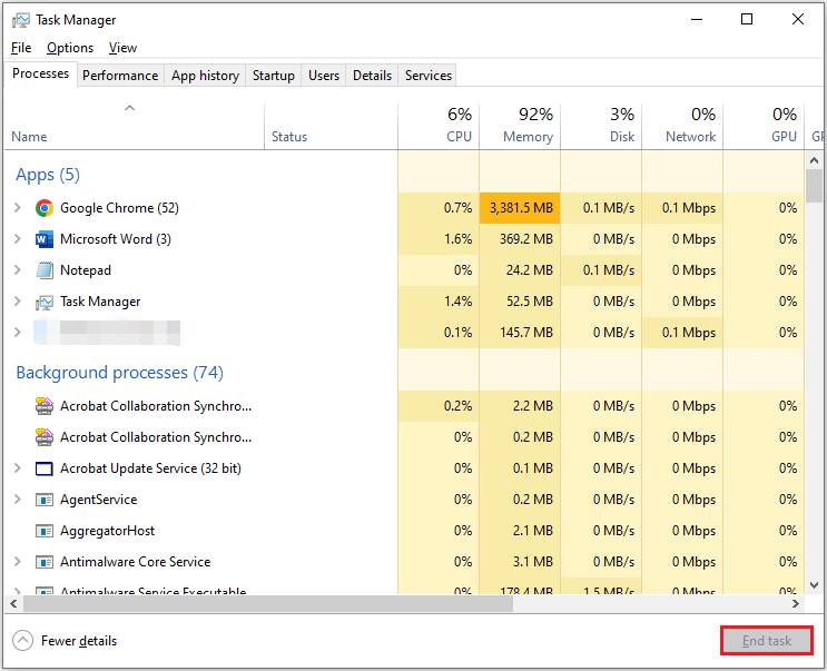 click End task