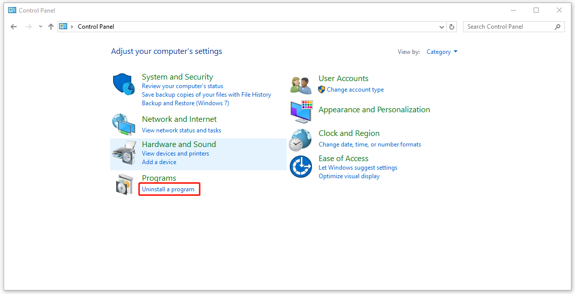 click Uninstall a program
