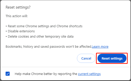 click Reset settings