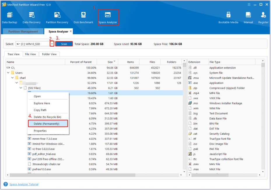 use Space Analyzer to delete the files in MiniTool Partition Wizard