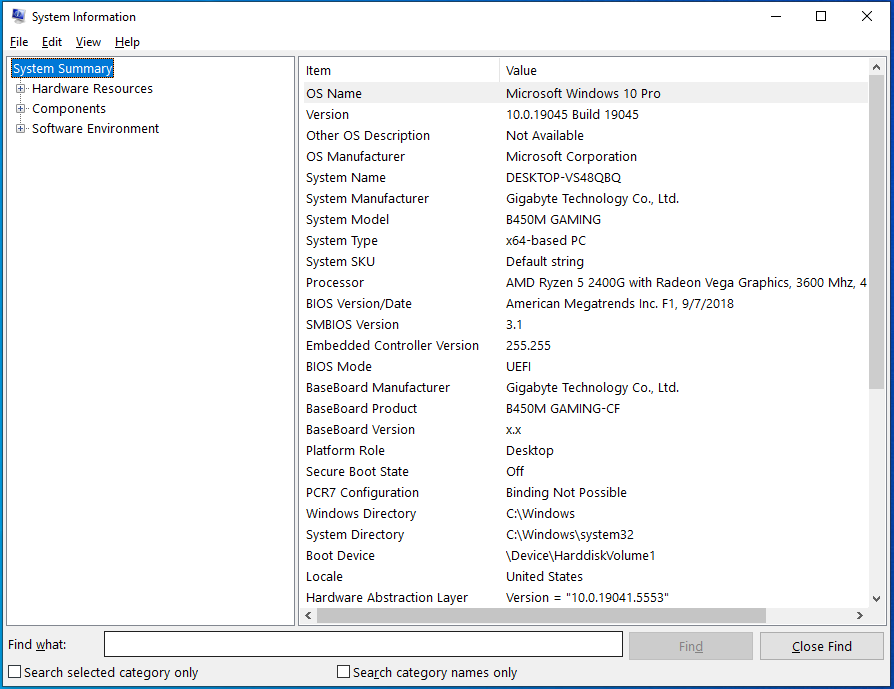 view PC specs in System Information Tool