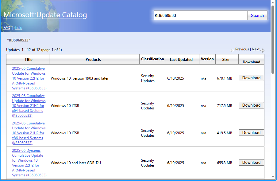 download KB5060533 from Microsoft Catalog