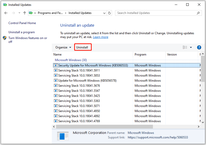 uninstall KB5060533