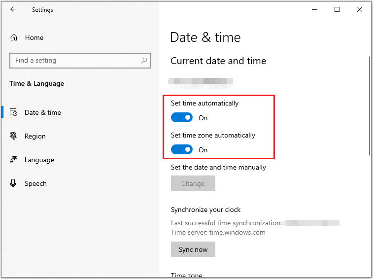 enable Set time automatically and Set time zone automatically